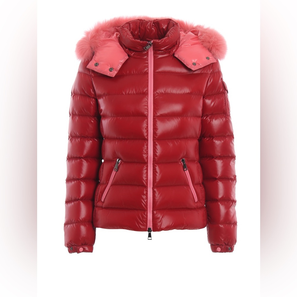 NWT Moncler Badyfur red glossy puffer jacket with pink fur, size 0